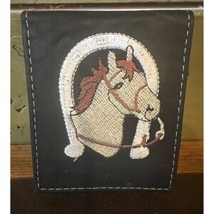 Vintage Leather Horse Horseshoe Embroidered Black‎ Bifold Wallet Western Cowboy